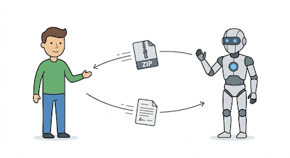 A zip file going back and forth between a laptop and a chat window